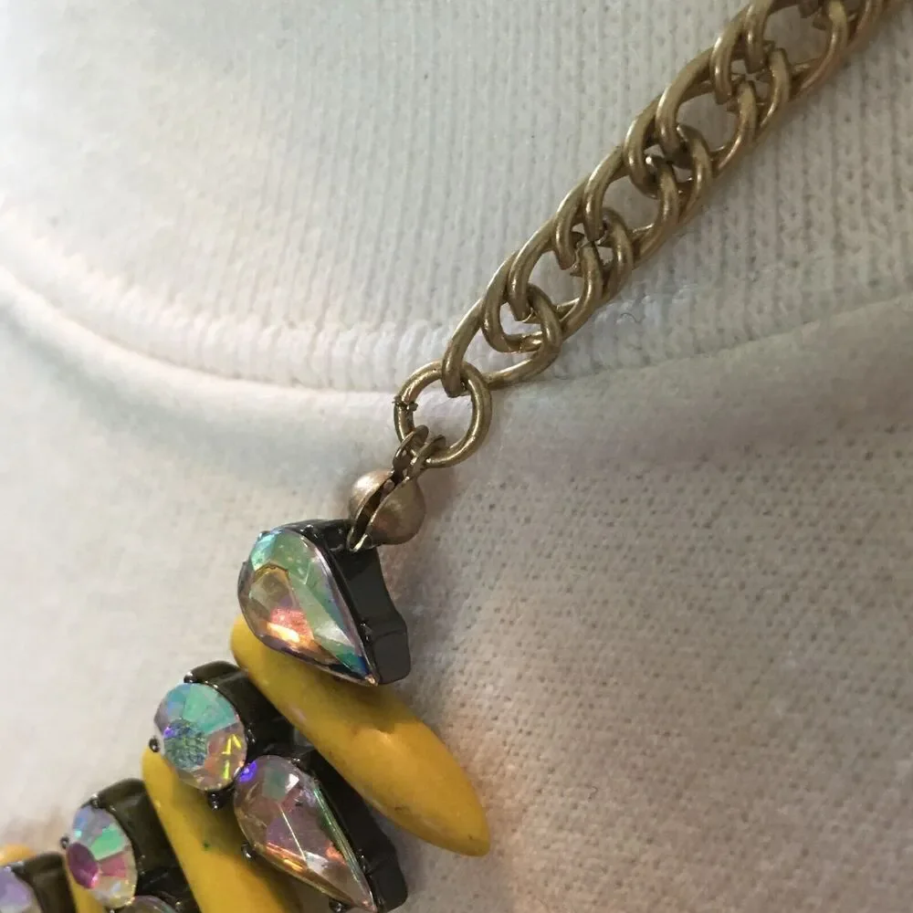 Rhinestone Necklace 21 Inch Gold Tone Chain Yellow Spike Statement Necklace